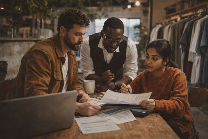 Small business owners reviewing documents and planning strategy together inside a retail shop.