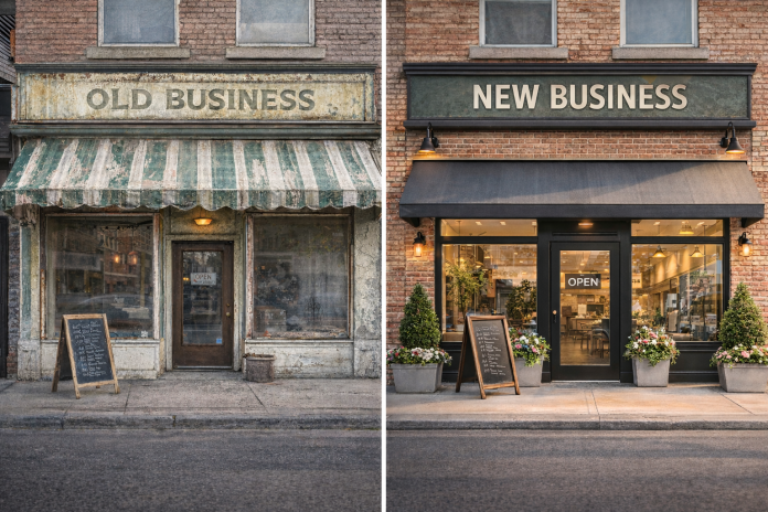 Uptown Minneapolis business owners reviewing storefront improvement plans for façade upgrades.