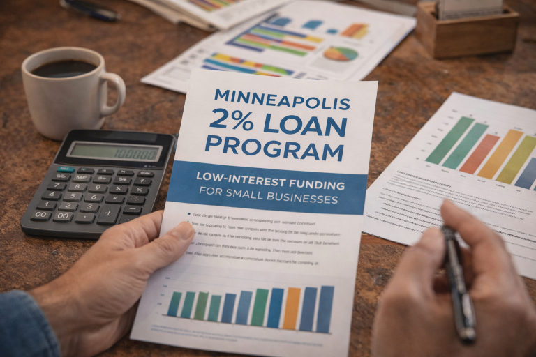 Small business owner reviewing documents and financing information related to the Minneapolis 2% Loan Program.
